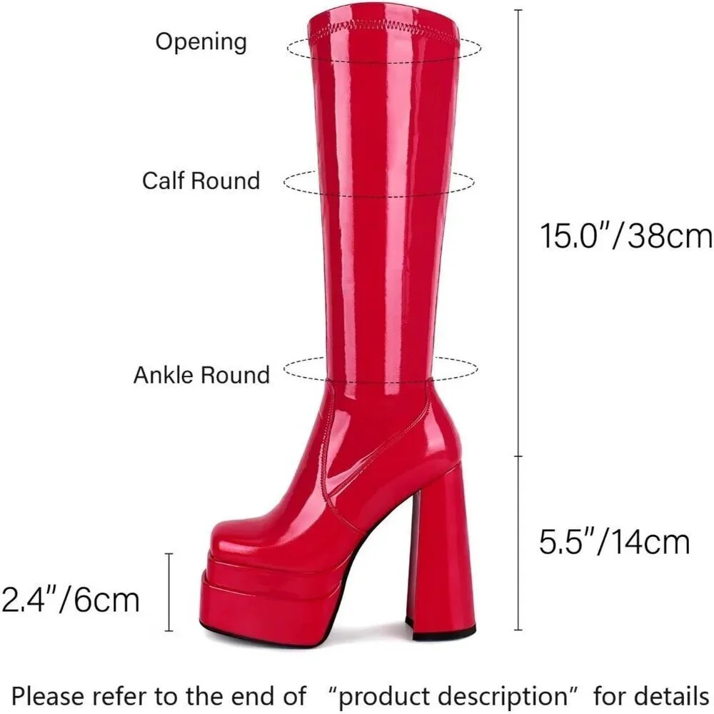 Red Platform Knee High Boots for Women, Chunky Heel, Zipper, Cosplay